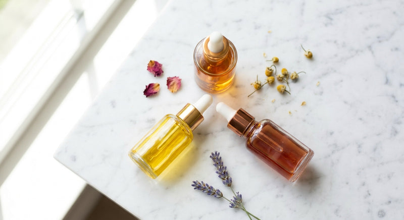 Three glass dropper bottles of facial oil arranged on white marble with scattered dried botanicals in warm natural light.